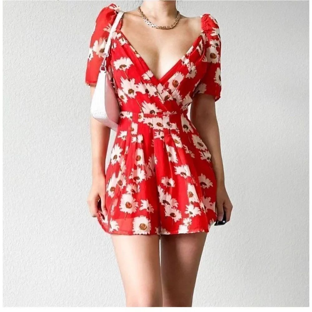Urban Outfitters Lula red floral V neck romper